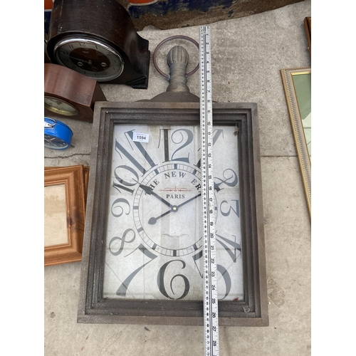 1594 - AN ASSORTMENT OF WALL CLOCKS, MANTLE CLOCKS AND PICTURE FRAMES ETC