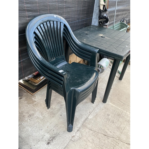 1682 - A GREEN PLASTIC SQUARE TABLE AND FOUR STACKING CHAIRS