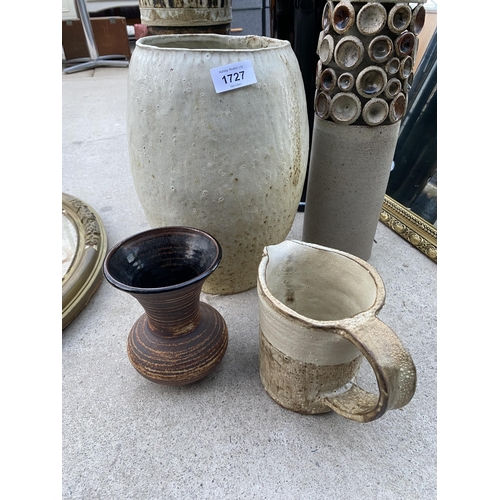 1727 - AN ASSORTMENT OF STUDIO POTTERY TO INCLUDE VASES AND JUGS ETC