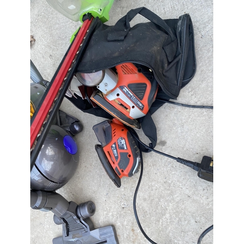 1743 - A GREENWORKS BATTERY POWERED HEDGE TRIMMER AND TWO BLACK AND DECKER SANDERS