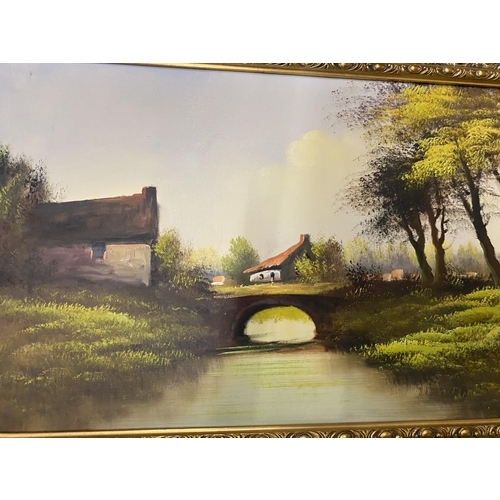 437 - RIVER LANDSCAPE SCENE, OIL ON CANVAS, 44X90CM, FRAMED