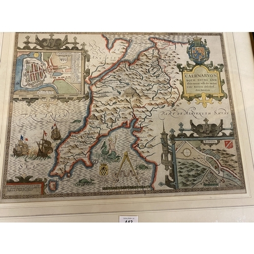 443 - JOHN SPEED (LATE 17TH CENTURY) HAND COLOURED MAP OF CAERNARVAN, 39XX51CM, WITH DESCRIPTION VERSO, FR... 