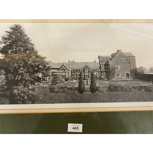 445 - WILLIAM GELDART (BRITISH) LIMITED EDITION PRINT, VIEW OF GAWSWORTH HALL, CHESHIRE, 25X51CM, FRAMED A... 