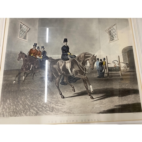 446 - THE RIDING SCHOOL, COLOURED ENGRAVING BY CHARLES HUNT, 55X67CM, FRAMED AND GLAZED