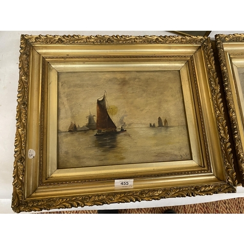 455 - A.V. (EARLY 20TH CENTURY) PAIR OF SHIPPING SCENES, OIL ON BOARDS, BEARS INITIALS, 22X30CM, FRAMED