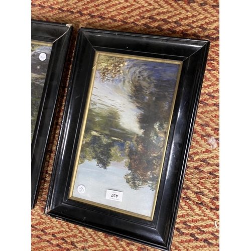 457 - A PAIR OF OILS ON CANVAS IN EBONISED FRAMES - 'RIVER DEE, CHESHIRE' & 'MAYBURN WYKE, YORKSHIRE', 45 ... 