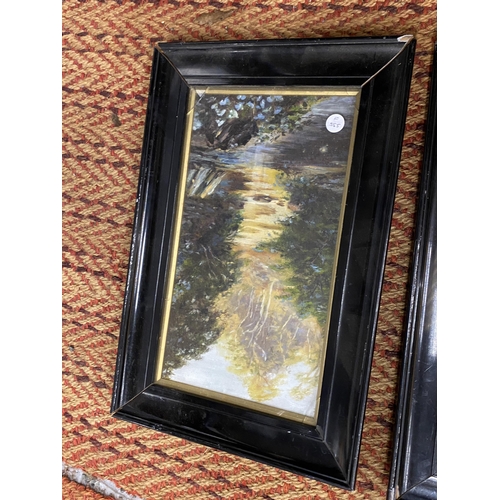 457 - A PAIR OF OILS ON CANVAS IN EBONISED FRAMES - 'RIVER DEE, CHESHIRE' & 'MAYBURN WYKE, YORKSHIRE', 45 ... 