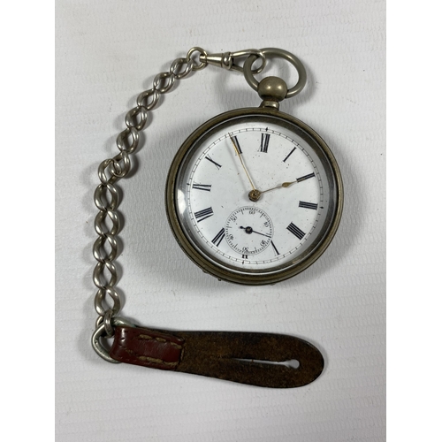 731 - A .935 SILVER OPEN FACED POCKET WATCH WITH PLATED ALBERT CHAIN AND HALLMARKED SILVER FOB