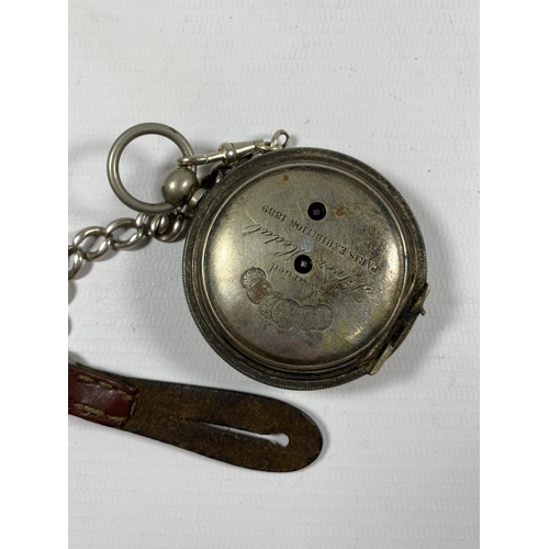 731 - A .935 SILVER OPEN FACED POCKET WATCH WITH PLATED ALBERT CHAIN AND HALLMARKED SILVER FOB