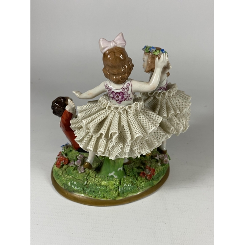 831 - A SITZENDORF CONTINENTAL PORCELAIN LACE FIGURE GROUP OF TWO GIRLS AND A BOY, HEIGHT 13CM