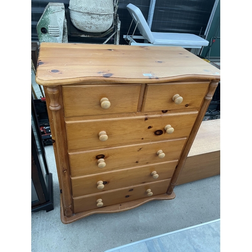 2698 - A VICTORIAN STYLE PINE SERPENTINE FRONTED CHEST OF TWO SHORT AND FOUR LONG DRAWERS, 36