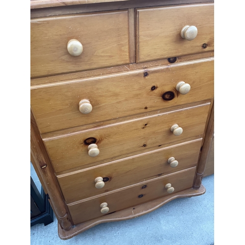 2698 - A VICTORIAN STYLE PINE SERPENTINE FRONTED CHEST OF TWO SHORT AND FOUR LONG DRAWERS, 36