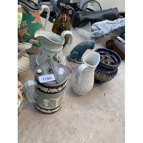 1786 - AN ASSORTMENT OF CERAMIC TANKARDS AND JUGS ETC