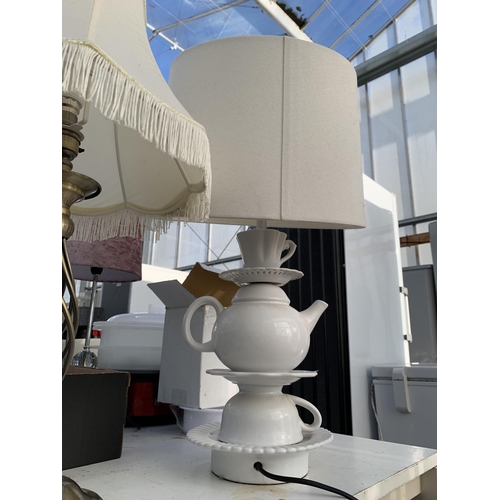 2117 - FOUR VARIOUS TABLE LAMPS TO INCLUDE ONE FORMED FROM A TEASET