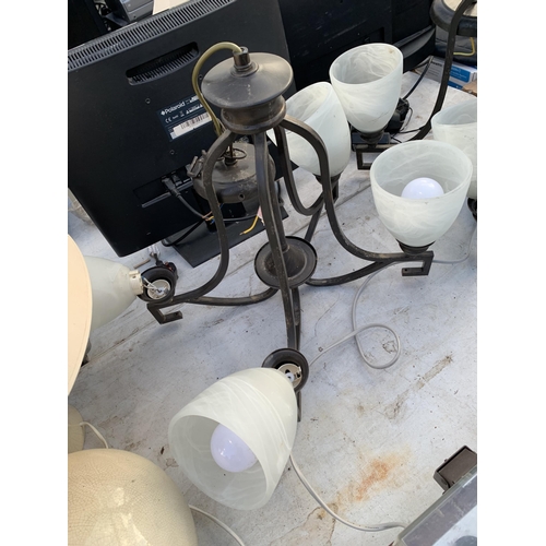 2182 - A PAIR OF FOUR BRANCH LIGHT FITTINGS WITH GLASS SHADES