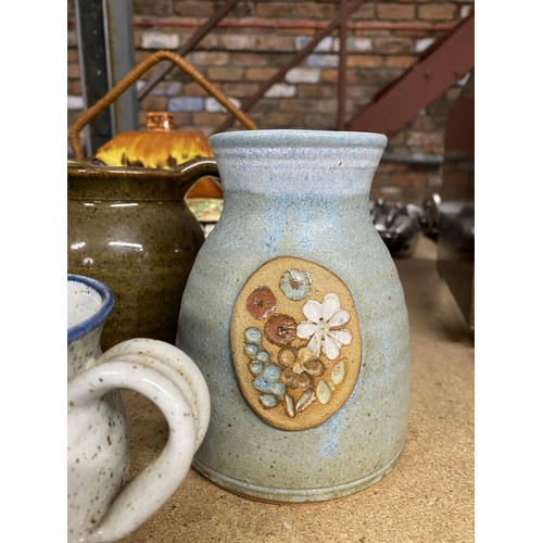 1004 - A QUANTITY OF STUDIO POTTERY JUGS - SOME WITH MAKERS MARKS