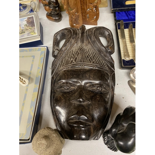 1020 - A HANDCARVED HARDWOOD AFRICAN MASK, FIGURE OF A MAN, BUDDAH'S HEAD, EGYPTIAN ORNAMENT, ETC