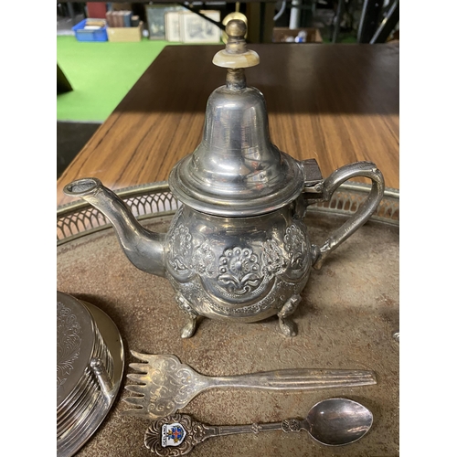 1021 - A SILVER PLATED LARGE GALLERIED TRAY, COFFEE POTS WITH EMBOSSED DECORATION, PRESERVE POT, COASTERS, ... 