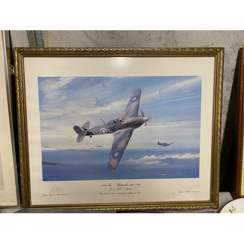 1027 - THREE FRAMED PRINTS OF FIGHTER PLANES TO INCLUDE A LANCASTER BOMBER AND SPITFIRE WITH PENCIL SIGNATU... 