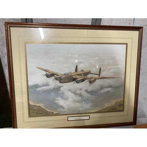 1027 - THREE FRAMED PRINTS OF FIGHTER PLANES TO INCLUDE A LANCASTER BOMBER AND SPITFIRE WITH PENCIL SIGNATU... 