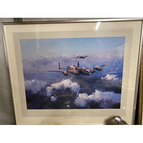 1027 - THREE FRAMED PRINTS OF FIGHTER PLANES TO INCLUDE A LANCASTER BOMBER AND SPITFIRE WITH PENCIL SIGNATU... 