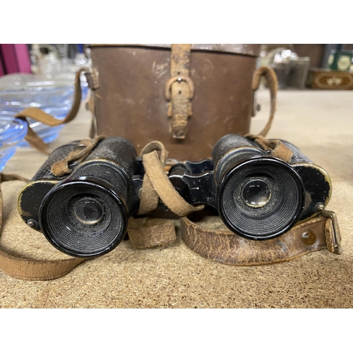 1038 - THREE PAIRS OF VINTAGE BINOCULARS TO INCLUDE WRAY OF LONDON - TWO IN LEATHER CASES