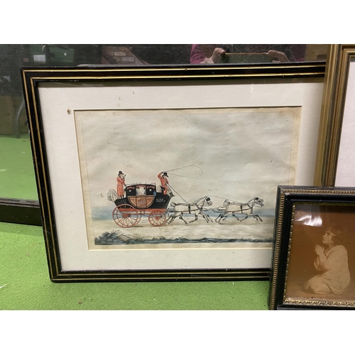 1041 - THREE VINTAGE FRAMED PRINTS TO INCLUDE 'MAILCOACH', A CASTLE SCENE AND A YOUNG GIRL IN PRAYER