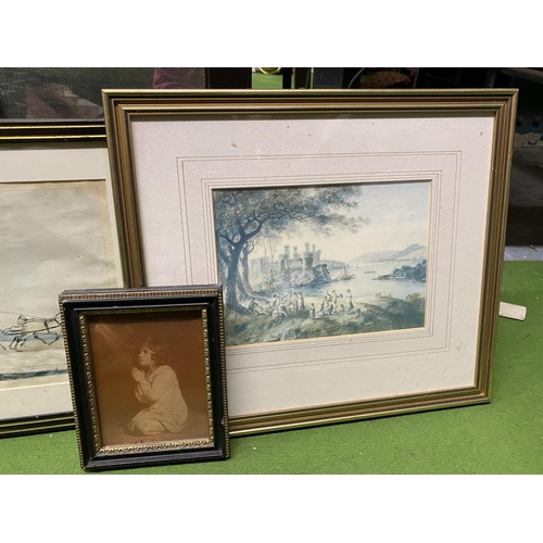 1041 - THREE VINTAGE FRAMED PRINTS TO INCLUDE 'MAILCOACH', A CASTLE SCENE AND A YOUNG GIRL IN PRAYER