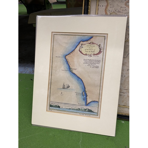 1043 - A FRAMED VINTAGE MAP OF NORTHAMPTONSHIRE PLUS TWO MOUNTED UNFRAMED MAPS OF CAPE DE VERDE