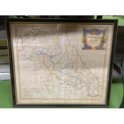 1043 - A FRAMED VINTAGE MAP OF NORTHAMPTONSHIRE PLUS TWO MOUNTED UNFRAMED MAPS OF CAPE DE VERDE