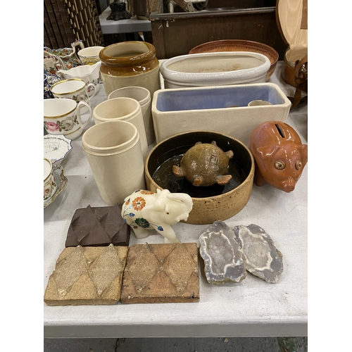 1057 - A LARGE QUANTITY OF STONEWARE ITEMS TO INCLUDE MARMALADE POTS, PLANTERS, BOWLS, FIGURES, INLAID ALAB... 