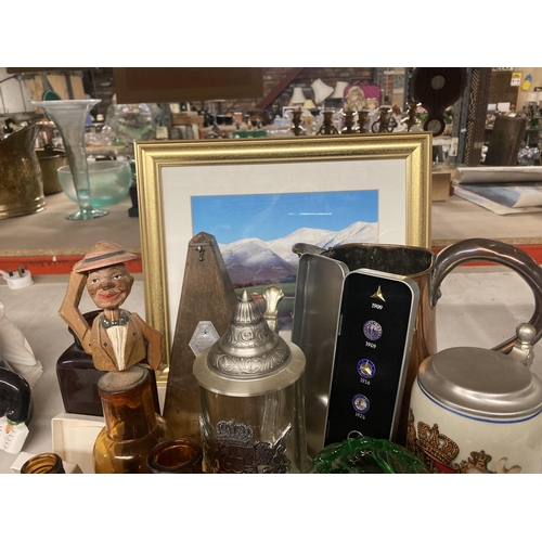 1141 - A MIXED LOT TO INCLUDE BEER STEINS, PAPERWEIGHT, VINTAGE BOTTLES, COPPER JUG, PICTURE ETC.,