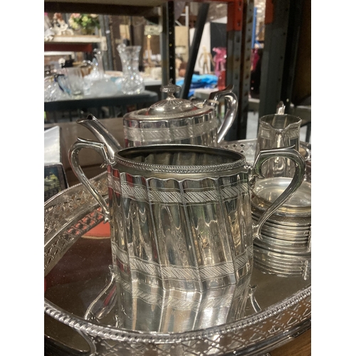 1145 - A SILVER PLATE TRAY WITH TEAPOT, MILK JUG, SUGAR BOWL AND COASTERS