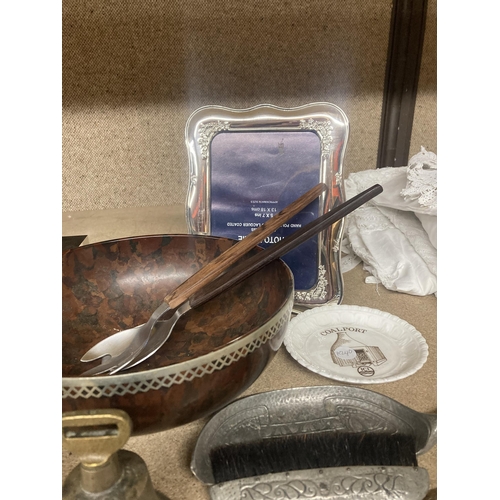 1177 - A MIXED LOT TO INCLUDE, CRUMB TRAY AND BRUSH, EGYPTIAN CAT, WOODEN BOWL, SILVER PHOTO FRAME, ETC.,