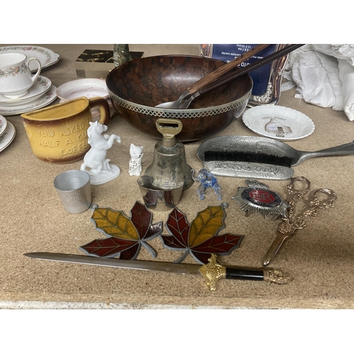 1177 - A MIXED LOT TO INCLUDE, CRUMB TRAY AND BRUSH, EGYPTIAN CAT, WOODEN BOWL, SILVER PHOTO FRAME, ETC.,