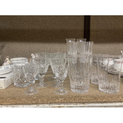 1179 - A QUANTITY OF GLASSWARE TO INCLUDE TUMBLERS, WINE GLASSES, SHERRY GLASSES, ETC.,