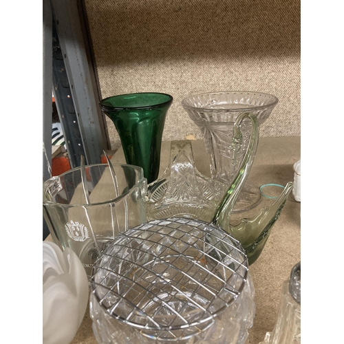 1181 - A QUANTITY OF GLASSWARE TO INCLUDE VASES, BASKET, ROSE BOWL, SUGAR SIFTER ETC.,