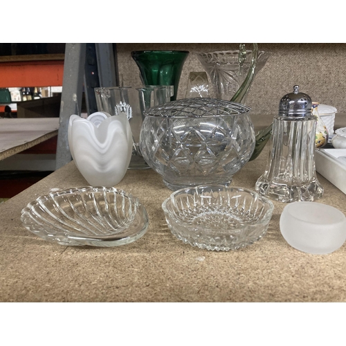 1181 - A QUANTITY OF GLASSWARE TO INCLUDE VASES, BASKET, ROSE BOWL, SUGAR SIFTER ETC.,