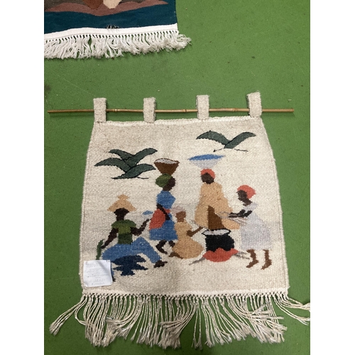 1182 - TWO WOVEN FRINGED WALL HANGINGS, MEXICAN AND AFRICAN SCENES