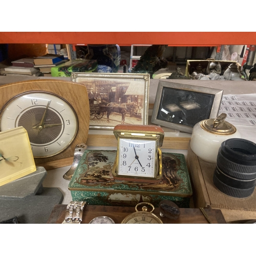 1193 - A MIXED LOT TO INCLUDE VINTAGE CLOCKS, MARBLE DESK LIGHTER, FISHING REEL, WATCHES, ETC.,