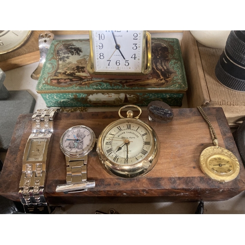 1193 - A MIXED LOT TO INCLUDE VINTAGE CLOCKS, MARBLE DESK LIGHTER, FISHING REEL, WATCHES, ETC.,