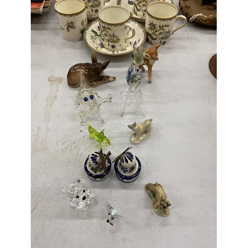 225 - A MIXED LOT TO INCLUDE PARAGON CUPS AND SAUCERS, GLASS ANIMALS, COINS, FIGURES, ETC