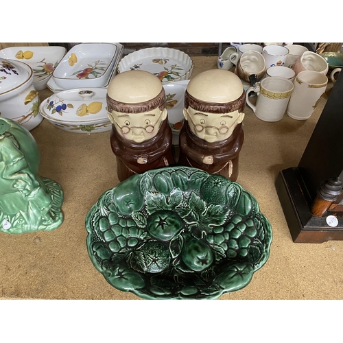 999 - A SYLVAC GREEN BOWL WITH EMBOSSED FRUITS AND TWO 'WEISS' STORAGE JARS MODELLED AS MONKS