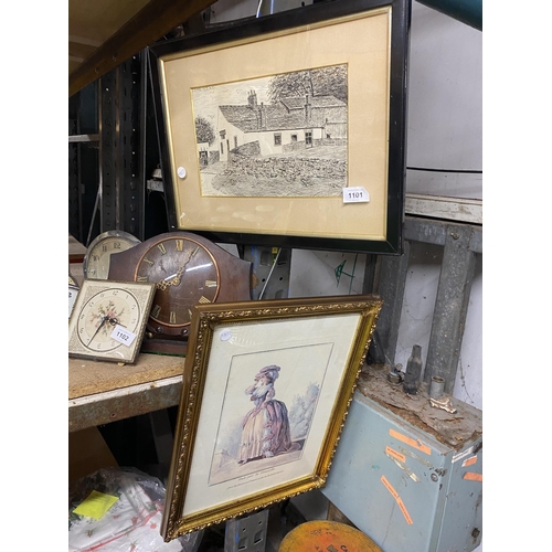 1101 - TWO FRAMED PRINTS, ONE A PARIS FASHION PLATE, THE OTHER A FARMHOUSE