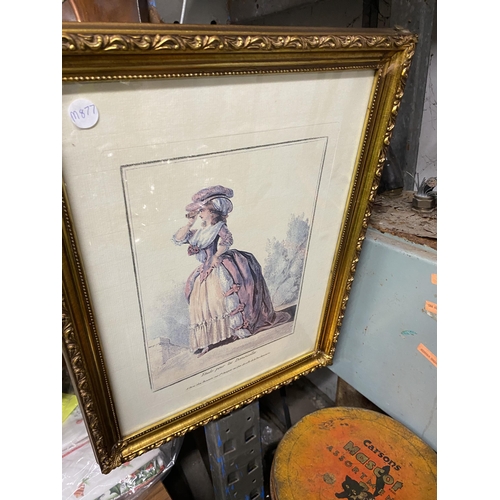 1101 - TWO FRAMED PRINTS, ONE A PARIS FASHION PLATE, THE OTHER A FARMHOUSE