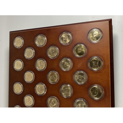 503 - THE USA “PRESIDENTIAL DOLLARS COLLECTION” . PRESENTED IN TWO LAYER WOODEN BOX , SUPPLIED BY DANBURY ... 