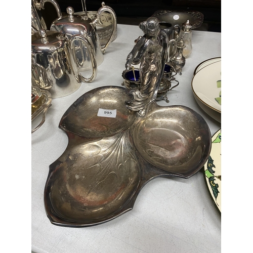 995 - A QUANTITY OF SILVER PLATED ITEMS TO INCLUDE AN ART NOUVEAU W.M.F FIGURAL DESIGN DISH, SALTS AND MUS... 