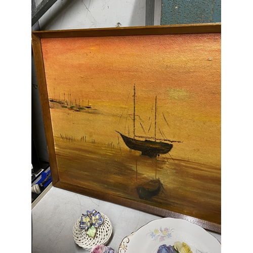 1172 - AN OIL ON BOARD OF A BOAT SCENE IN WOODEN FRAME