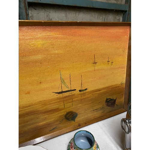 1172 - AN OIL ON BOARD OF A BOAT SCENE IN WOODEN FRAME