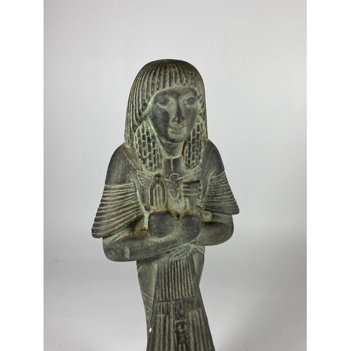 346 - AN EGYPTIAN POTTERY FIGURE ON WOODEN BASE, HEIGHT 27CM